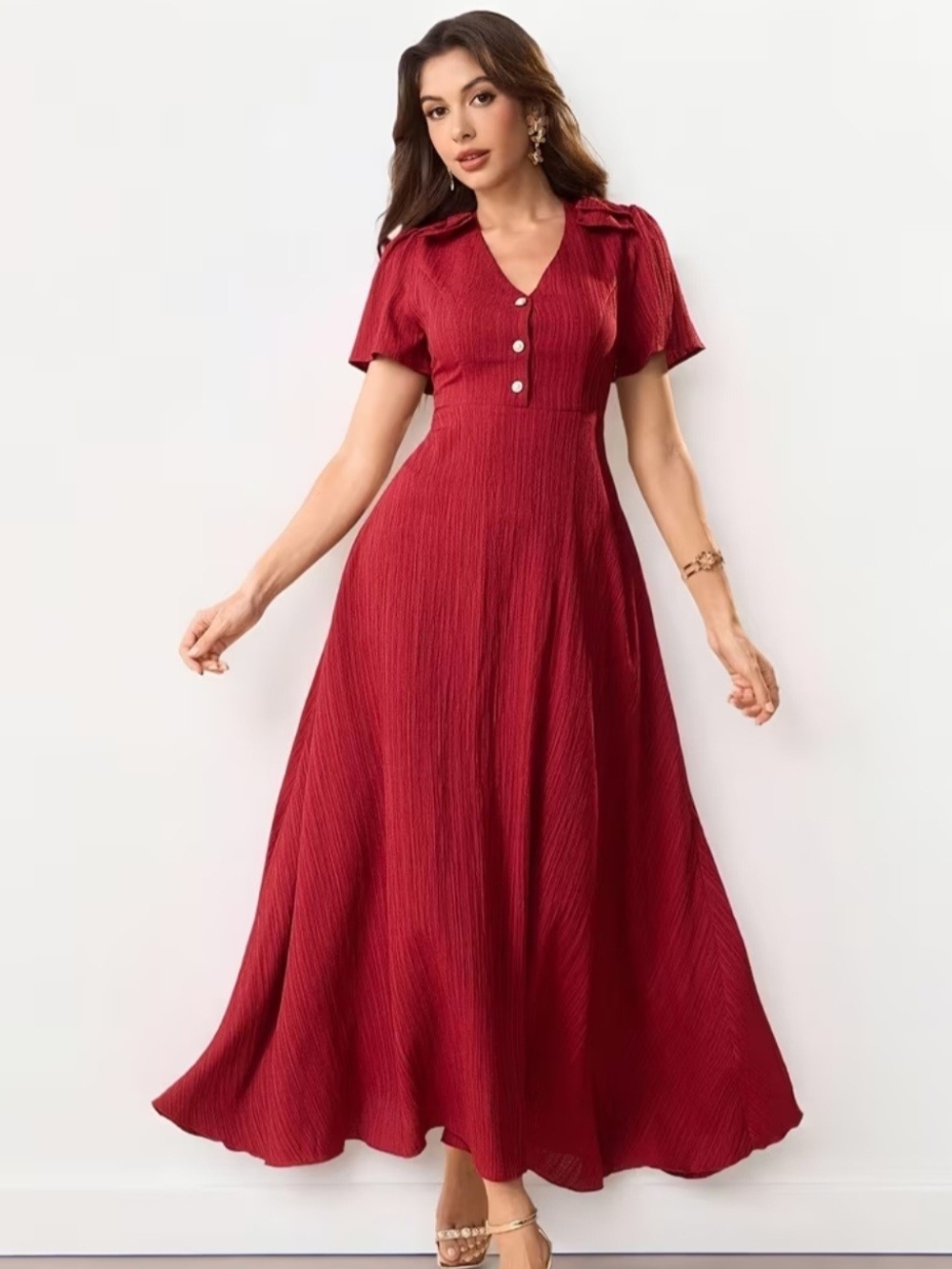 Red V-Neck Maxi Dress with Button Detail